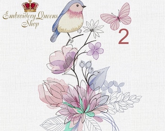Bird on a Flower Branch Machine Embroidery Design Set Chickadee Fantasy Flowers + Butterfly 3 Sizes to Download Fit 6x9" (150x250 mm) hoop