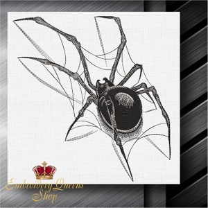 Könnte beinhalten: Schwarzweißes Stickmuster einer Spinne in einem Netz. Die Spinne blickt dem Betrachter entgegen, die Beine ausgestreckt. Das Netz ist detailliert und kompliziert.