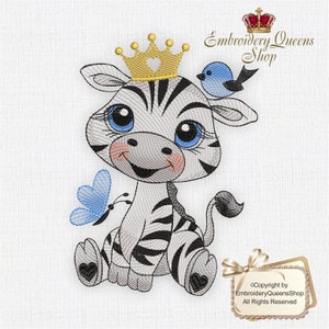 Maskinbroderidesign för babyzebra, Safari Babies-serien, 3 storlekar att ladda ner. Passar 130 x 180 mm (5x7") ring och större. Söt pojke- och flickazebrakrona.