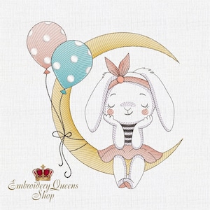 May include: A white bunny with pink cheeks and a pink bow sits on a yellow crescent moon. The bunny is holding its hands up to its face and has its eyes closed. Two balloons, one pink and one blue with white polka dots, are floating above the bunny.