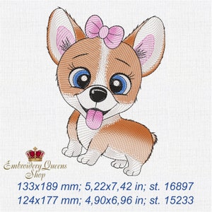 Puppy Dog Machine Embroidery Design descarga instantánea 2 tamaños para aros pequeños 5x7"; 5 1/2x7 3/4 "Linda Chica Princesa Cartoon Baby Corgi Bow