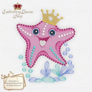May include: Pink embroidered starfish with a gold crown, smiling with blue eyes and a pink tongue. The starfish is surrounded by blue and green embroidered seaweed and bubbles.
