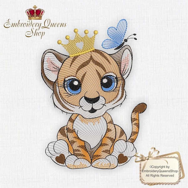 Cute Baby Tiger Machine Embroidery Design Crown 3 Sizes to Download Safari Babies Series Quilt Nursery Baby Boy Girl Bib Cute Unique Jungle