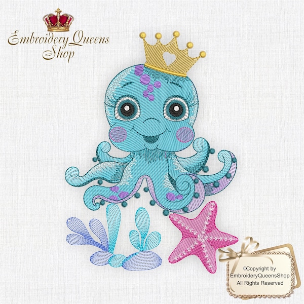 Baby Octopus Machine Embroidery Design Fit 5x7" (130x180mm) hoop & larger Ocean Babies Series 3 Sizes to Download Cute Jellyfish Starfish