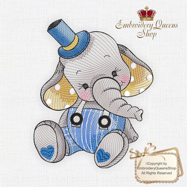 Baby Elephant Machine Embroidery Design Circus Babies series 3 Sizes to Download Fit 5x7" (130x180mm) hoop & larger. Cute Boy Elephant Binky