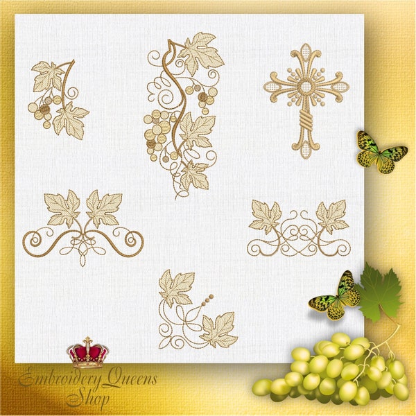 Ensemble de 6 dessins chacun en 2 tailles Raisins Feuilles de vigne Baptême Baptême Communion Machine Broderie Design pour petits cerceaux enfants adultes