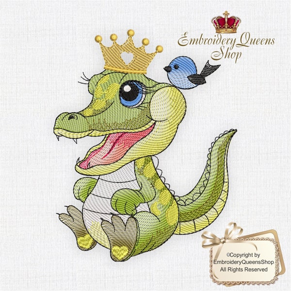 Baby Crocodile Machine Embroidery Design Safari Babies series 3 Sizes to Download Fit 5x7" (130x180mm) hoop & larger. Cute Alligator Crown