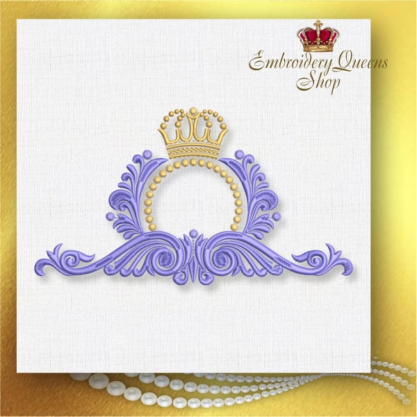 Crown Monogram Frame Machine Embroidery Design 2 sizes fit small hoops 5x7" 5 1/2x 7 3/4" man woman Prince Princess Flower Vines King Queen