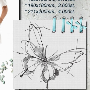 Może przedstawiać: Białe lniane spodenki i dopasowana bluzka z czarno-białym wzorem motyla. Obraz zawiera również tabelę rozmiarów z wymiarami w milimetrach i ściegach.