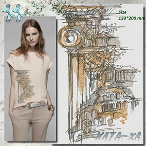 May include: A beige t-shirt with a black and brown embroidered design of a column and building. The design is 133 x 200 mm. The text "NATA-XA" is at the bottom of the design.