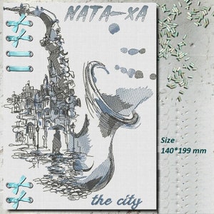 Machine Embroidery design The Saxophone. City scape series. For hoops 5.5x8&quot; and larger. One size. Artwork outlines city travel watercolor