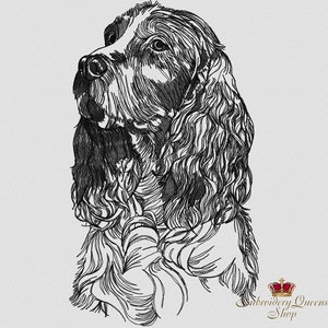 Puede incluir: Ilustración en blanco y negro de un perro Cocker Spaniel con pelo largo y fluido. El perro está mirando hacia arriba y hacia la derecha.