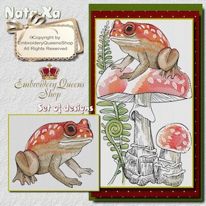 May include: Embroidered design set featuring a red and white spotted frog sitting on a mushroom. The set includes a separate design of the frog alone.