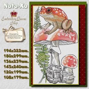 May include: A red and white mushroom with a brown stem and a green fern. A red frog with white spots sits on top of the mushroom. The image is titled "Nata-Xa Embroidery Queens Shop" and includes the copyright information "©Copyright by EmbroideryQueensShop All Rights Reserved".