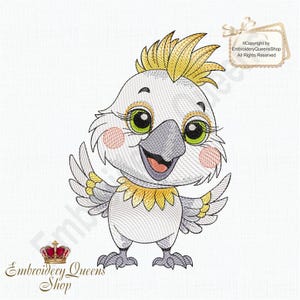 Desenho de bordado de máquina de cacatua bebê Safari Babies Series 3 tamanhos para baixar Ajuste 5x7" (130 x 180 mm) aro e acima Menino Cacatua Pássaro Fofo