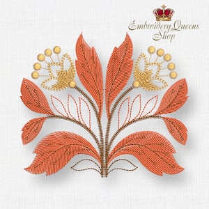 May include: Embroidered design of a floral motif with two symmetrical branches of orange leaves and yellow flowers. The design is outlined in brown thread. The text "Embroidery Queens Shop" is at the top of the image.