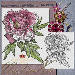 Peony Machine Embroidery Design Set of 2 Designs 3 Sizes to Download Fit 5x7&quot; (130x180mm) hoop and larger Outlines & Color Embroidery