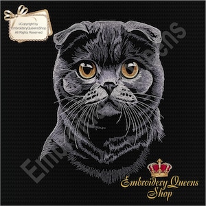 May include: Embroidered portrait of a black Scottish Fold cat with striking amber eyes. The cat's fur is intricately detailed with white thread against a black background. The image includes the text "Embroidery Queens Shop".