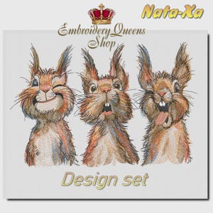 Peut inclure: Un ensemble de broderie représentant trois écureuils de dessin animé aux expressions variées. Les écureuils sont bruns, beiges et blancs, avec des détails de broderie. Le texte "Embroidery Queens Shop", "Nata-Xa" et "Design set" est également visible.
