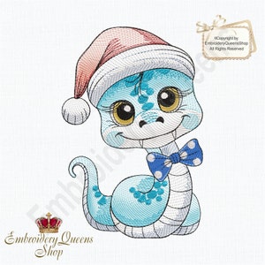 May include: A blue snake wearing a red Santa hat and a blue bow with white polka dots. The snake has large, round eyes and a friendly smile.