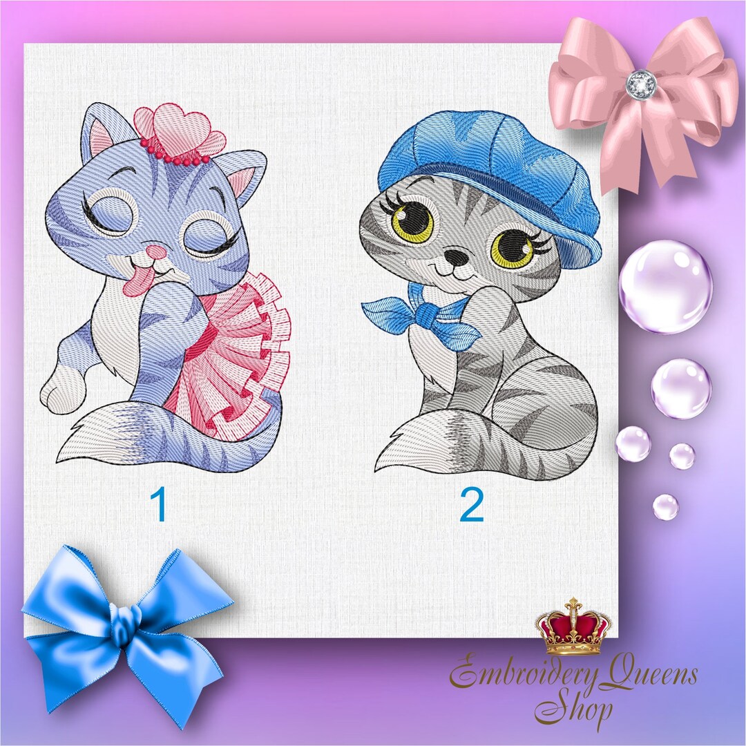Children Cute Cat Boy Girl Kitten Machine Embroidery Designs Set of 2 ...