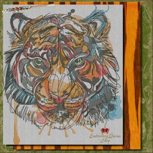 May include: A colorful, abstract embroidery design of a tiger's face. The design features a mix of colors, including orange, red, blue, and green, and is created with a variety of stitches. The tiger's eyes are green and the design is set against a white background.