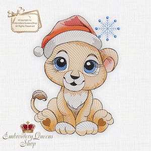 May include: A cute cartoon lion cub wearing a red Santa hat and sitting with a blue snowflake in the background. The lion cub has big blue eyes and a sweet smile.