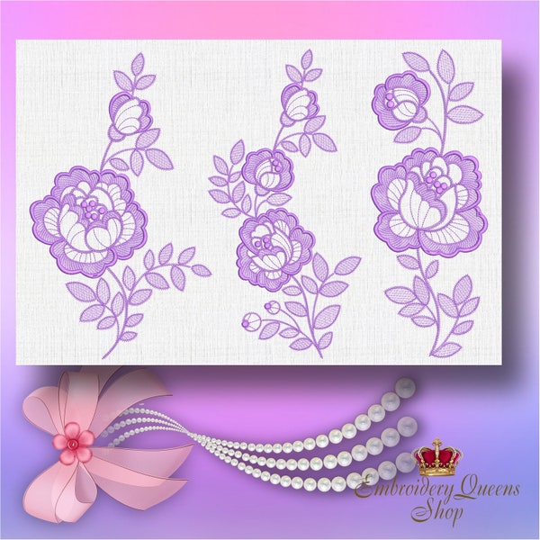 Beautiful Lace Roses Machine Embroidery Designs Set instant download download  in 3 sizes for small hoop  5x7"; 5 1/2x7 3/4"; 6x10"