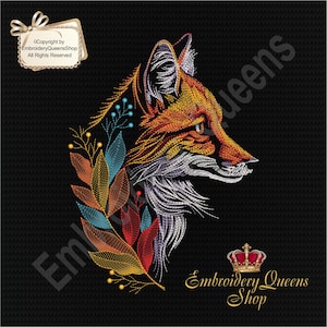 May include: Embroidered design of a fox's head with colourful leaves and berries. The design is on a black background and includes the text "Embroidery Queens Shop".