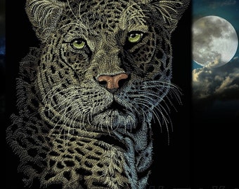Cheetah Embroidery Design In the Night Series  3 Sizes to download Realistic Leopard Wild Cat Panther Clothes Adults Kids Pillows Decore