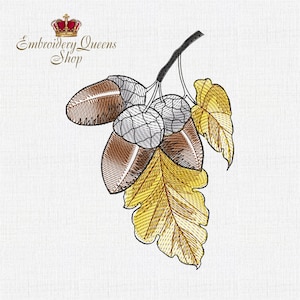 May include: Embroidered design of three acorns with a brown and gray color scheme, attached to a branch with two yellow leaves. The design is on a white background with the text "Embroidery Queens Shop" at the top.