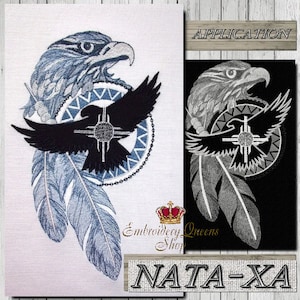 May include: Embroidered design featuring an eagle, a black bird, feathers, and a geometric pattern. The design is in shades of blue and black, with the text "APPLICATION" and "NATA-XA". The logo "Embroidery Queens Shop" is also present.
