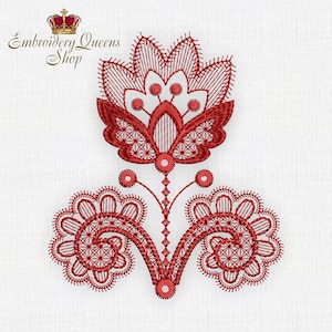Może przedstawiać: Czerwony haftowany wzór kwiatu z koroną i tekstem "Embroidery Queens Shop".
