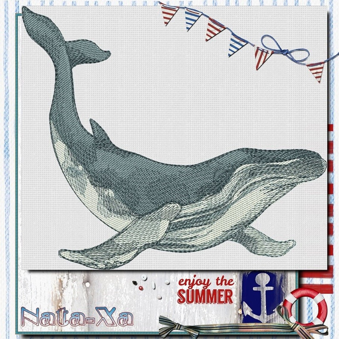 Whale Hand Embroidered Scallop Edge Square Bib in Blue