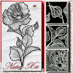 Puede incluir: Diseño de bordado en blanco y negro de una rosa con hojas. El diseño se muestra en tres tamaños diferentes, con el texto "Embroidery Queens Shop" y "Nata-Xa" en la parte inferior.