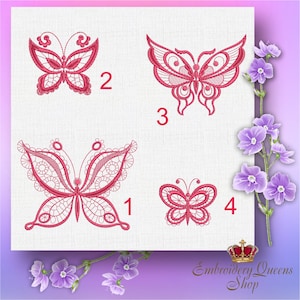 May include: Four different embroidery designs of pink butterflies on a white fabric background. The butterflies are numbered 1 through 4.