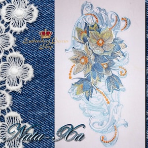 Flower and Flourishes " Denim". Set of 4 machine embroidery designs Roses Snowdrops Winter flowers