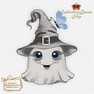 May include: A cute cartoon ghost wearing a witch's hat with a blue butterfly on top. The ghost has big blue eyes, rosy cheeks, and a big smile. The image is in black and white with blue accents.