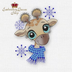 Cute Christmas Boy Giraffe in the Scarf with Snowflakes Machine Embroidery Designs for Baby Children 3 sizes Winter Holidays New Year Gift