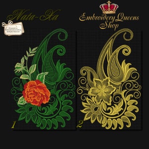 Könnte beinhalten: Zwei Stickmuster mit einem Paisley-Muster und floralen Akzenten. Das erste Muster ist grün mit einer orangefarbenen Rose, das zweite ist golden. Beide Muster sind mit Nummern versehen.