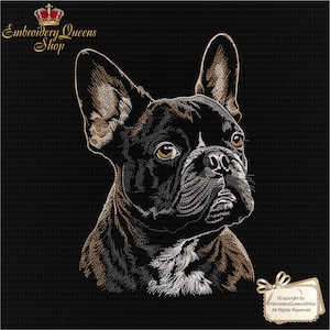 Può includere: Immagine ricamata in bianco e nero della testa di un Bulldog Francese. Il cane guarda a destra. L'immagine è su uno sfondo nero. Copyright by EmbroideryQueensShop. All Rights Reserved.