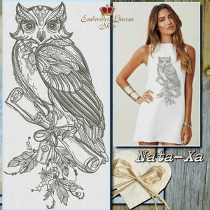 Owl with feathers and scroll Machine embroidery design 2 sizes to download