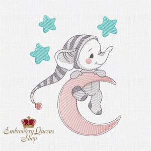 May include: Embroidered design of a grey elephant wearing a striped hat, holding a pink crescent moon. Three turquoise stars are scattered around the elephant.