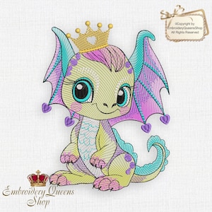 ベビードラゴンの機械刺繍デザイン 3サイズをダウンロード可能 5x7インチ(130 x 180 mm)に適合 ドラゴンベイビーズシリーズ クラウン かわいい恐竜 ベビーキルト ビブ 枕