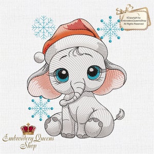 May include: A gray elephant wearing a red Santa hat with white trim, sitting with its legs crossed. The elephant has large blue eyes and pink ears. There are blue snowflakes in the background.
