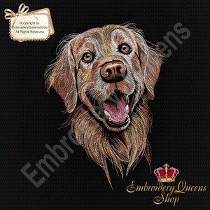 May include: Embroidered image of a golden retriever dog with its mouth open, showing its teeth. The dog is looking to the right. The image is on a black background with the text "Embroidery Queens Shop" at the bottom.