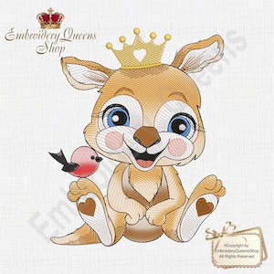 Può includere: Un simpatico canguro dei cartoni animati che indossa una corona dorata con un cuore in cima. Il canguro è seduto a gambe incrociate e ha un piccolo uccello rosso appollaiato sulla sua mano. Il canguro ha grandi occhi blu e un'espressione felice.