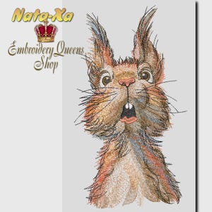 May include: Embroidered design of a surprised squirrel with open mouth, featuring brown, tan, and orange thread. The squirrel has large eyes and long, pointed ears. The text "Nata-Xa Embroidery Queens Shop" is in the upper left corner.