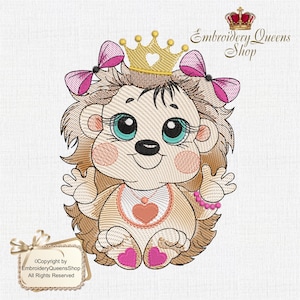 May include: Embroidered design of a cute hedgehog wearing a gold crown with pink bows, a pink necklace with a heart pendant, and a pink bracelet. The hedgehog is sitting with its paws together and has a big smile on its face. The design is perfect for a baby girl's nursery or a child's bedroom.