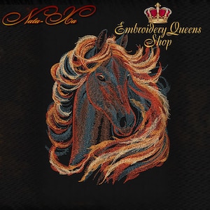 May include: An embroidered design of a horse's head with a flowing mane in shades of brown, orange, and blue. The horse is set against a black background. The text "Embroidery Queens Shop" and a crown are visible.